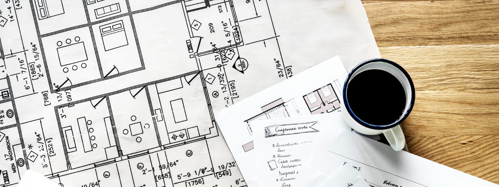 FAQs: Architectural blueprint with coffee cup on a wooden desk.