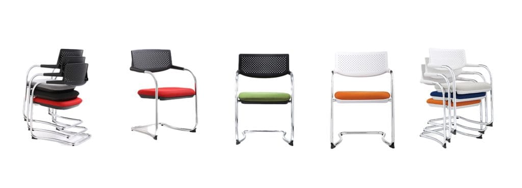 Modern CH-172C chairs. Stackable visitor seating with mesh back, colorful seat cushions, and chrome frame.