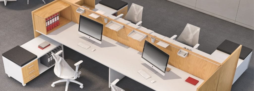 Cosmos Operative: Modern office desk with wood accents and dividers.