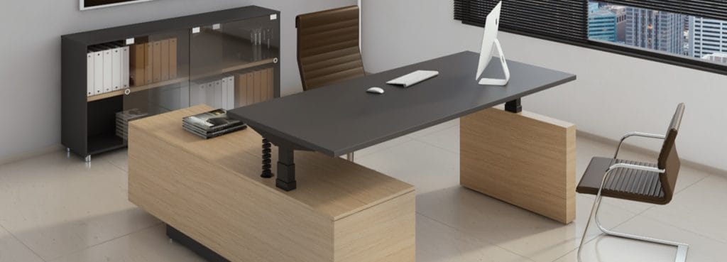 Modern office featuring a Fly Executive Height Adjustable Desk with a sleek gray top and light wood base.