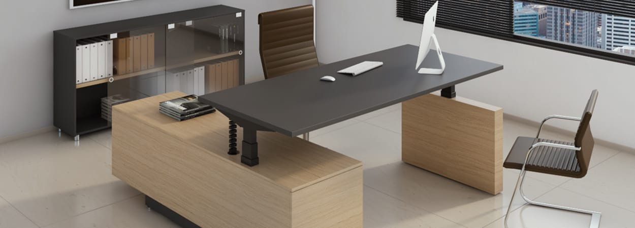 Modern office featuring a Fly Executive Height Adjustable Desk with a sleek gray top and light wood base.