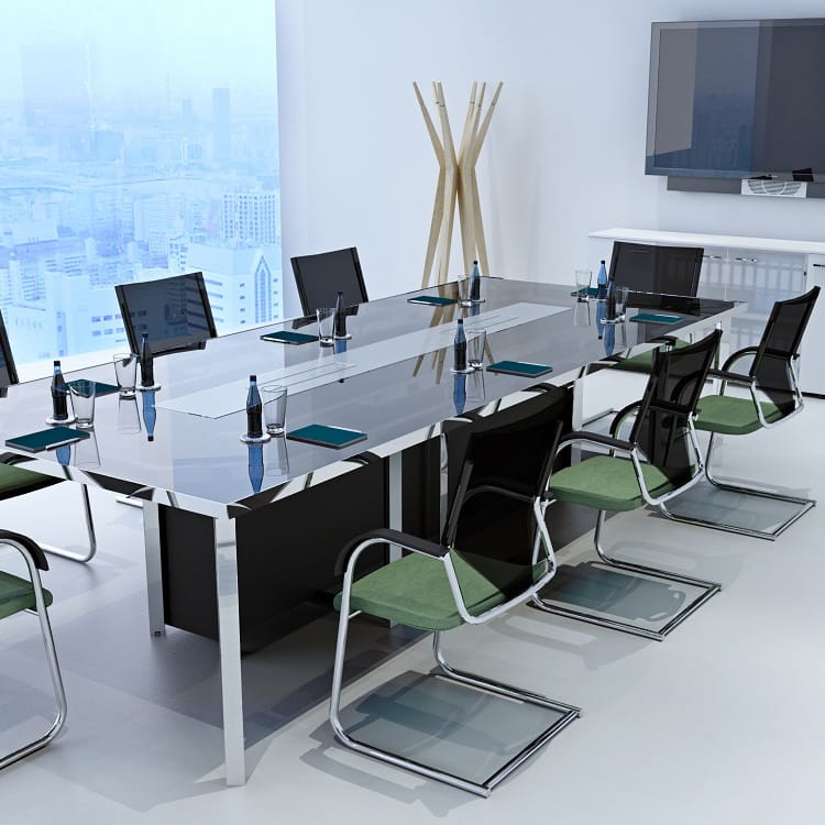 A refined I-Work EVO Conference room with a sleek glass table surrounded by six chairs, equipped with laptops, water bottles, and notepads. A wall-mounted TV and a modern coat rack add functionality, while expansive windows offer stunning city views. Studio Office Cyprus
