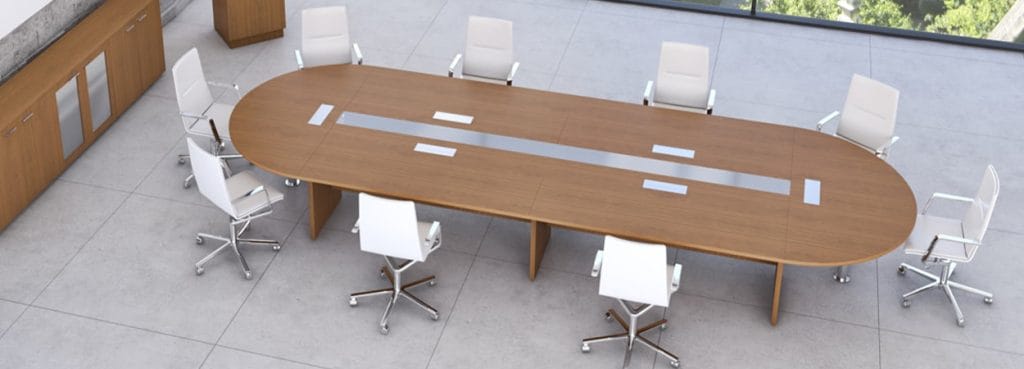 Manager Conference table with white chairs, wood finish, and metal accents.