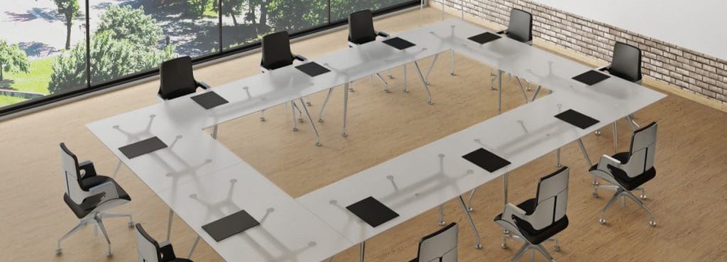 Stylus Conference table in white with black chairs, square layout.