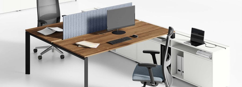 Modern 5th Element desk with wood top, black frame, and blue privacy screen.