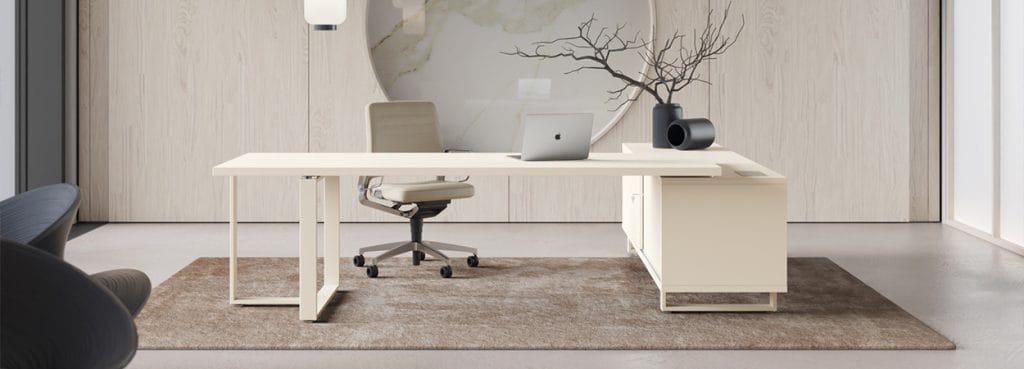 Minimalist ARCHIMEDE desk in light wood. Executive office furniture with clean lines and modern design.