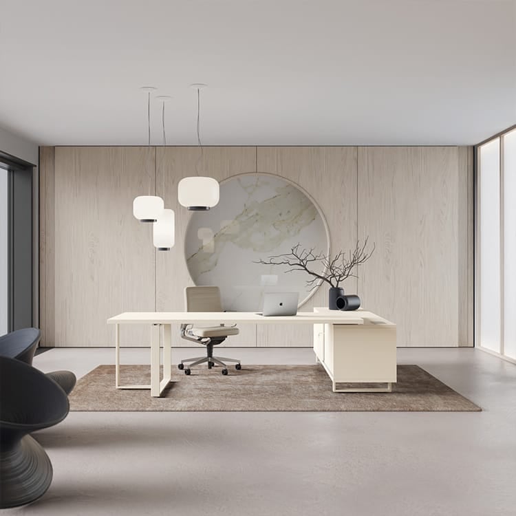 Minimalist office with ARCHIMEDE desk. Light wood, white accents, and modern design for executive spaces.