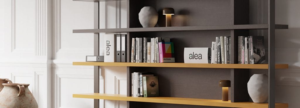 Modern Archimede Office Cabinet in gray and yellow, featuring open shelving and stylish storage solutions for any office.