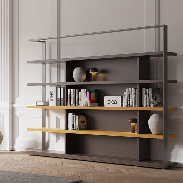 Modern Archimede Office Cabinet. Dark wood shelves with gray frame and yellow accents. Stylish storage solution.