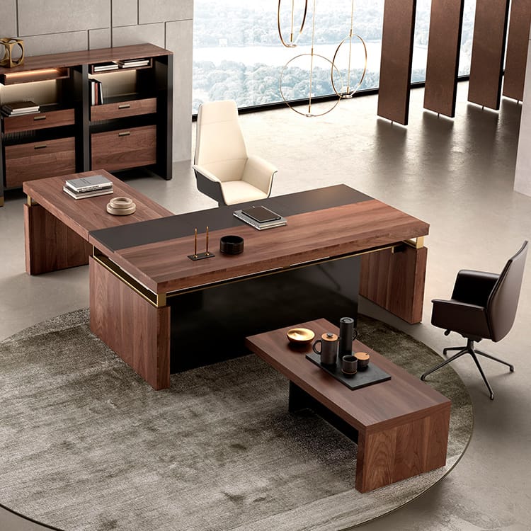 BELLAGIO executive desk with wood finish, black accents, and modern design for sophisticated private offices.