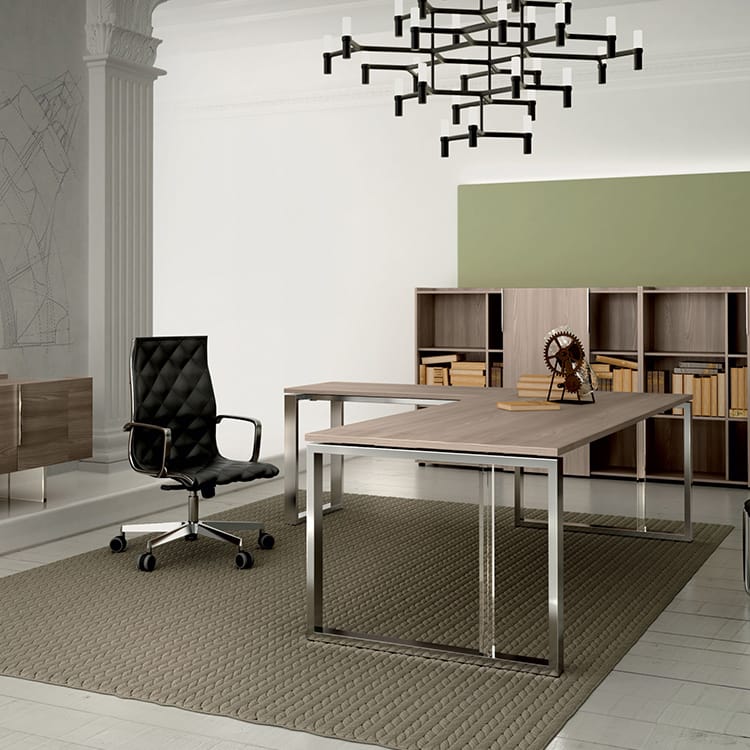 BIQUADRO executive desk in light wood and steel frame with black office chair in modern office space.
