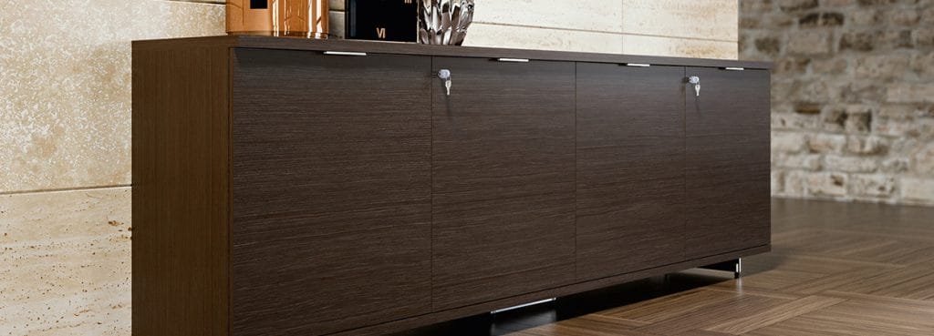 Sleek Blade X Office Cabinet in dark wood with metal accents and integrated handles.