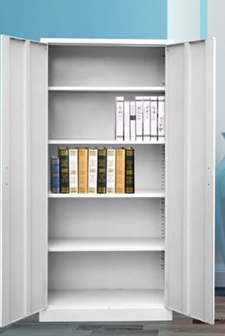 Open white metal cabinets with adjustable shelves for versatile storage solutions.