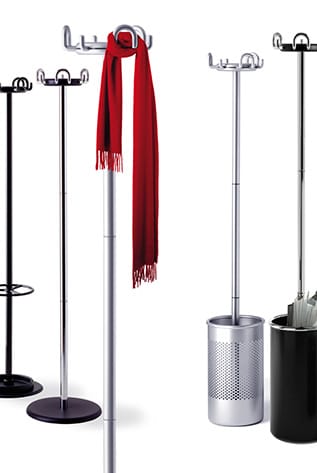 Modern coat rack stand. Sleek metal Coat Hangers with umbrella holder. Stylish home or office organization.