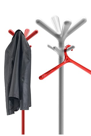 Modern coat rack in red and white with stylish coat hangers.