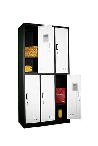 Black and white metal Lockers for secure storage in schools, gyms, and workplaces.