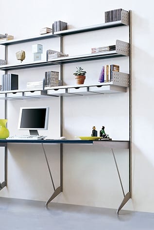Modern modular systems: Customizable shelving and desk unit in gray and white.
