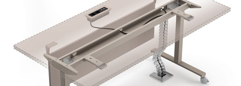 Close-up of a Club Multifunctional Folding Table showing connectivity and cable management features.