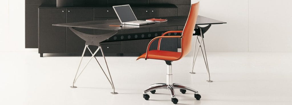 Consilium desk and chair. Leather top desk with metal legs, orange leather chair, modern design.