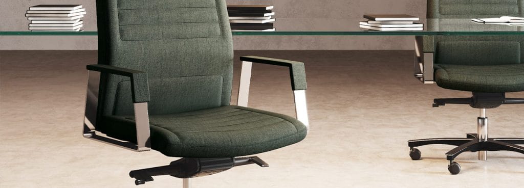 Upholstered NEO executive chair in green fabric with chrome armrests.