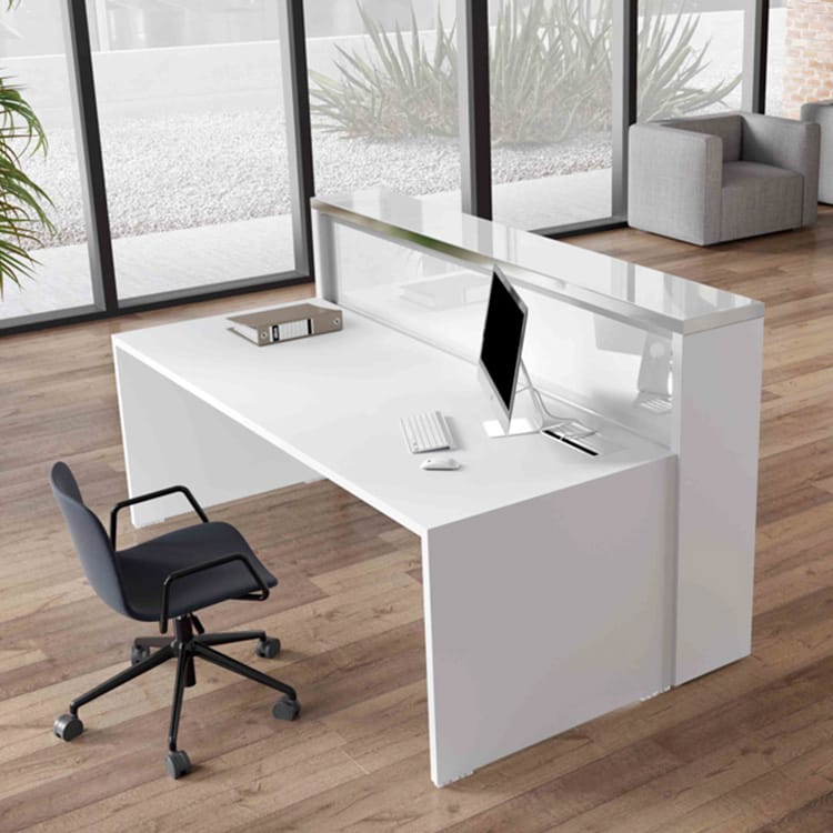 Modern white EOS Reception desk with a gray chair, sleek design for welcoming guests.