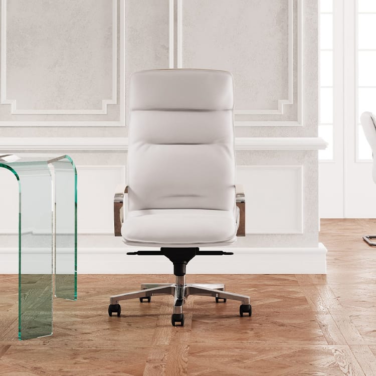 White leather Formen executive chair with wood armrests and a chrome base.