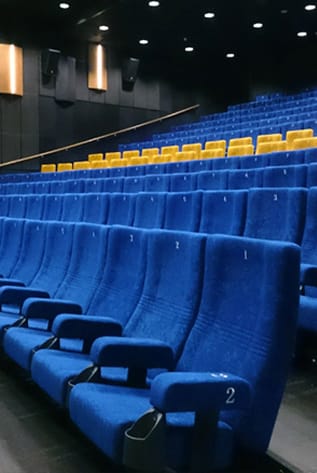 Rows of comfortable blue Cinema seating with armrests and yellow seats in the back.