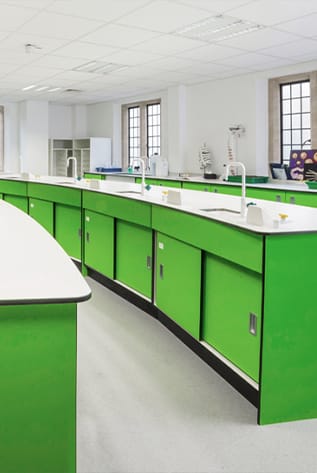 Modern Laboratory Furniture featuring green cabinets and white countertops for science education.