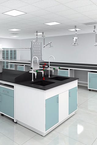 Modern laboratory furniture with black countertops, white cabinets, and light blue accents.
