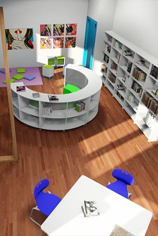 Modern library interior with white Library Furniture, bookshelves, colorful art, and blue chairs.