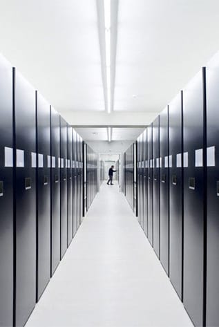 Aisle view of Mobile Archive Filing Systems, maximizing office storage and accessibility.