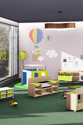 Colorful Nursery & Children furniture in a playful, inviting learning space. Safe, durable, and designed for early childhood education.