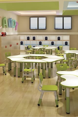 Bright, airy nursery with green and white Nursery & Children's furniture.