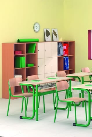 Classroom with school furniture: desks, chairs, and storage. Green accents.