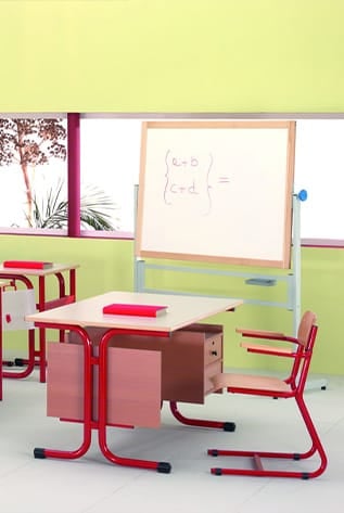 Classroom scene with School Furniture. Red metal frame desk and chair, whiteboard.