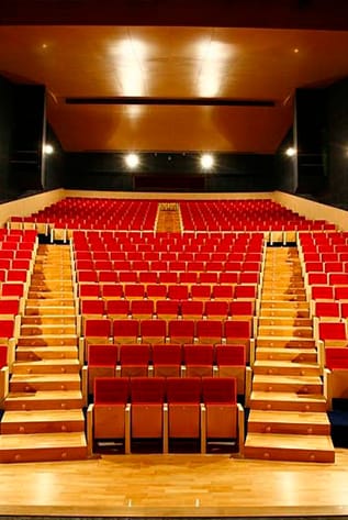Elegant theater seating with red plush chairs and wooden accents.
