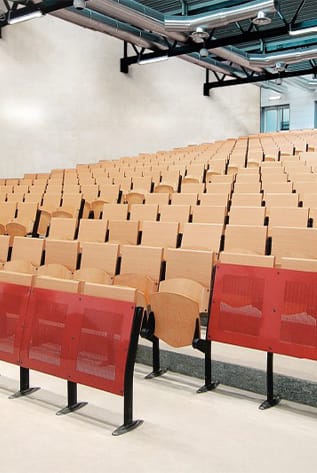 Spacious lecture halls with ergonomic seating and writing surfaces.