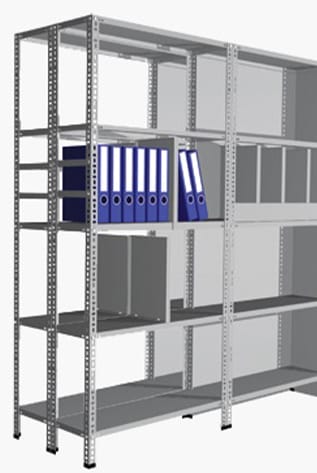 Metal Warehouse Storage Solutions shelving with blue binders.
