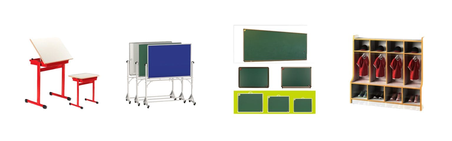 School accessories: desks, whiteboards, blackboards, and wooden lockers.