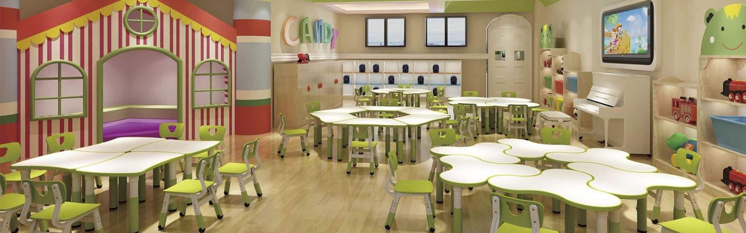 Bright, spacious Nursery & Children's room with colorful furniture, tables, and chairs for a stimulating learning environment.
