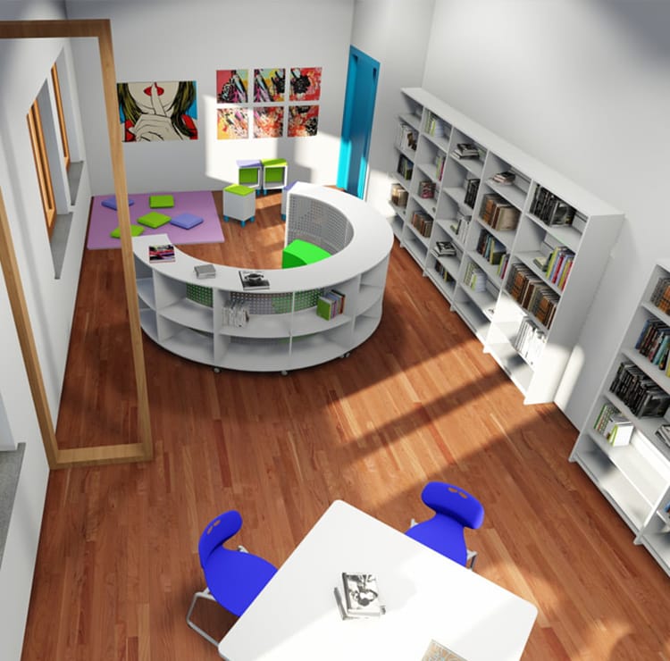 Modern library interior with white shelves, desk and blue chairs. Stylish Library Furniture.