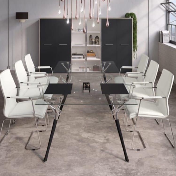 Contemporary Genesis Conference Table with glass top and white leather chairs.