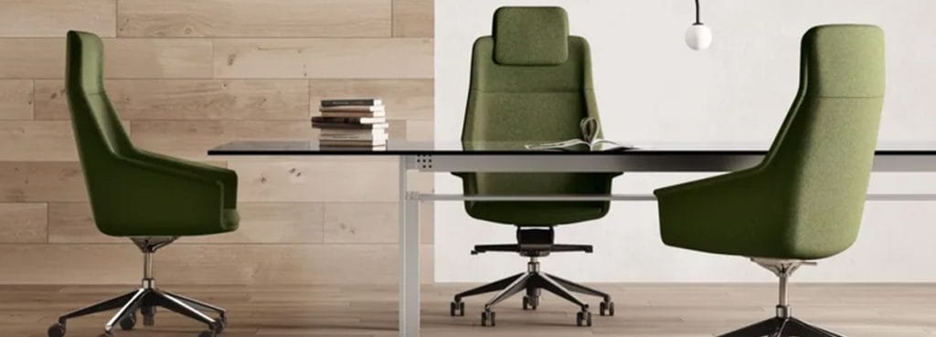 Modern Jera Executive chair in green fabric. Sleek design for private offices and executive rooms.
