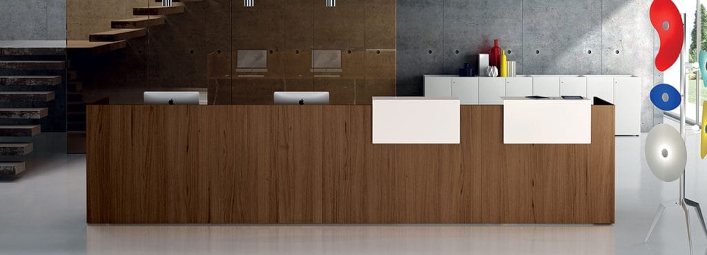 Modern Lithos Reception desk in woodgrain with white accents. Stylish welcome area furniture.