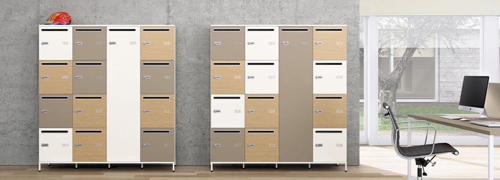 Modern Lockers Storage Units in white, brown, and wood finishes for secure workspace organization.