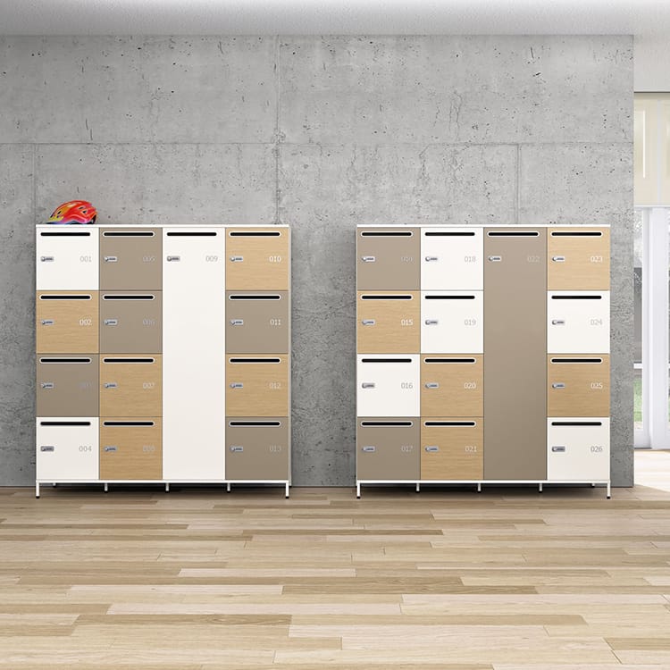Modern Lockers Storage Units with wood and neutral tones, offering secure workspace organization.
