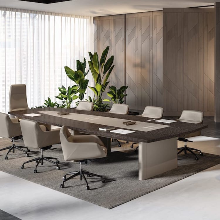 Contemporary Mithos Executive Conference Table in wood and neutral tones with office chairs.