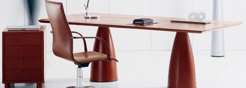Mythos brown leather desk, chair, and cabinet. Executive office furniture.