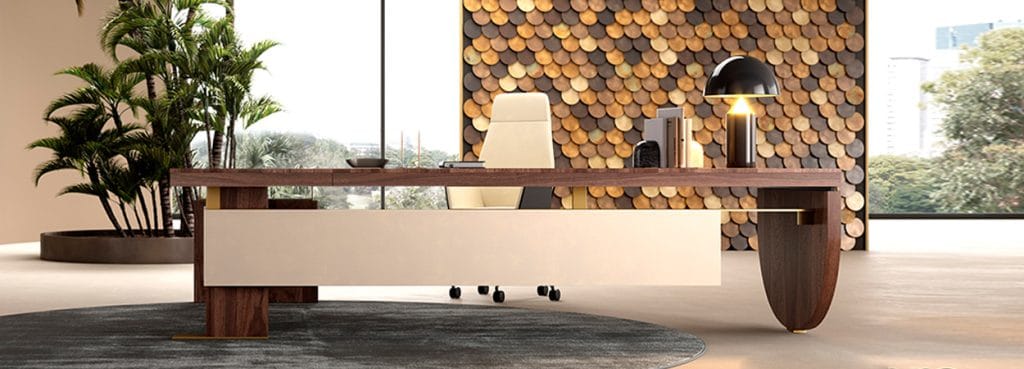 Modern NARCISO executive desk. Wood and cream tones, sleek design. Ideal for private offices and executive rooms.