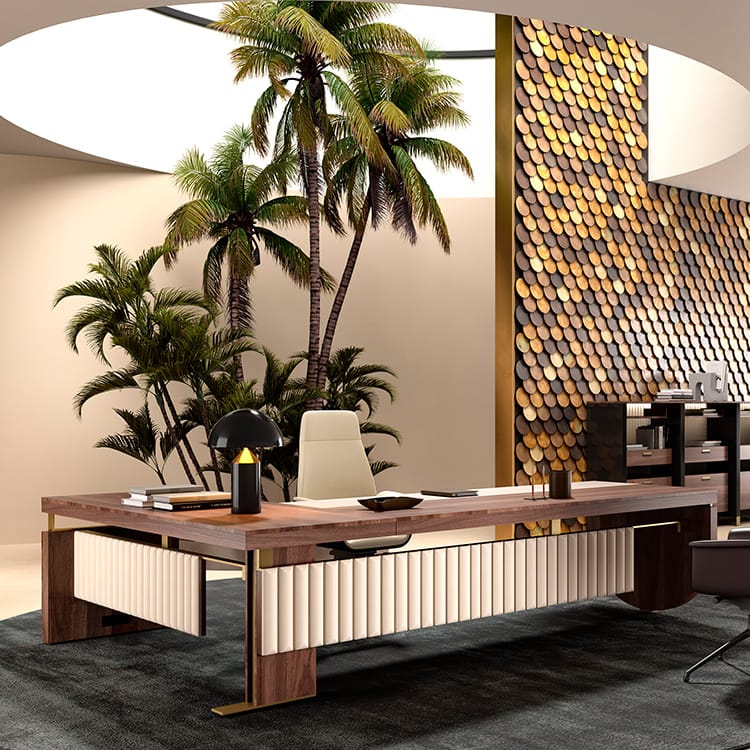 Elegant NARCISO Italian presidential desk in wood and cream, with palm tree backdrop.